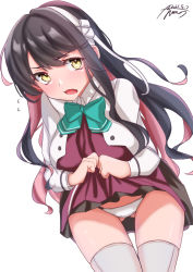 Rule 34 | 1girl, absurdres, ayuman, black hair, blazer, breasts, brown eyes, cowboy shot, dated, dress, gluteal fold, grey thighhighs, hair down, hairband, halterneck, highres, jacket, kantai collection, large breasts, lifting own clothes, long hair, multicolored hair, naganami (kancolle), naganami kai ni (kancolle), panties, pink hair, pleated dress, purple dress, school uniform, signature, simple background, solo, thigh gap, thighhighs, two-tone hair, underwear, wavy hair, white background, white hairband, white panties