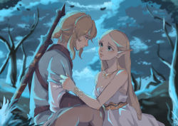 Rule 34 | 1boy, 1girl, bare shoulders, blonde hair, blue eyes, bracer, breasts, cleavage, crying, dress, eiriseth, falling leaves, forest, gloves, gold necklace, grass, green eyes, hair between eyes, hand on another&#039;s arm, highres, jewelry, leaf, link, long hair, looking at another, low ponytail, medium breasts, medium hair, nature, necklace, nintendo, outdoors, parted bangs, parted lips, pointy ears, princess zelda, pulling, shirt, short ponytail, shoulder strap, sitting, strapless, strapless dress, sword, tears, the legend of zelda, the legend of zelda: breath of the wild, tunic, weapon, weapon on back, white dress, white shirt