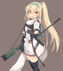Rule 34 | 1girl, blonde hair, bolt action, character name, dress, girls&#039; frontline, gloves, gun, hairband, highres, holding, holding gun, holding weapon, long hair, looking at viewer, mod3 (girls&#039; frontline), open mouth, ponytail, red eyes, rifle, russian flag, scope, simple background, sniper rifle, suppressor, sv-98, sv-98 (girls&#039; frontline), sv-98 (mod3) (girls&#039; frontline), thighhighs, weapon