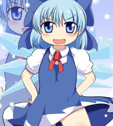 Rule 34 | 1girl, bad id, bad pixiv id, blue dress, blue eyes, blue hair, blush, bow, cirno, dress, fang, female focus, gradient background, hair bow, hands on own hips, matching hair/eyes, motsu (selshia12), no panties, open mouth, smile, solo, touhou, upskirt, wings