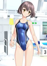 Rule 34 | 1girl, absurdres, blue one-piece swimsuit, brown eyes, brown hair, cameltoe, commentary request, competition swimsuit, contrapposto, covered navel, groin, highres, indoors, looking to the side, multicolored clothes, multicolored swimsuit, one-piece swimsuit, original, short hair, solo, standing, starting block, swimsuit, takafumi, twintails, variant set, yagasuri