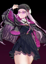Rule 34 | 1girl, adjusting clothes, adjusting headwear, black cape, black dress, black hat, cape, closed mouth, commentary, dress, fate/grand order, fate (series), fingernails, glasses, hat, highres, long hair, long sleeves, looking at viewer, medusa (fate), medusa (saber) (fate), pink-tinted eyewear, pink eyes, pink hair, simple background, solo, sunglasses, symbol-shaped pupils, takotobuta, tinted eyewear, twintails