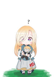 Rule 34 | 1girl, ?, absurdres, aepuru arts, aether (genshin impact), blonde hair, blue eyes, blush stickers, chibi, doll, genshin impact, hair over one eye, highres, if they mated, spoken question mark, white background