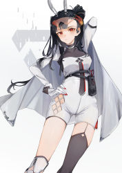 Rule 34 | 1girl, aaoshigatoutoi, absurdres, arm behind head, black hair, blush, bodystocking, breasts, cape, closed mouth, dress, earpiece, eyewear on head, feet out of frame, girls&#039; frontline, gloves, hair bun, hand on own hip, highres, long hair, looking at viewer, mechanical ears, medium breasts, model pose, nail polish, orange eyes, qbz-191 (girls&#039; frontline), red nails, safety glasses, simple background, solo, standing, white background, white cape, white dress, white gloves