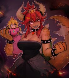 Rule 34 | 2girls, puff of air, absurdres, alternate color, armlet, artist name, bare shoulders, black dress, black nails, blonde hair, blue eyes, bowsette, bracelet, breasts, brooch, carrying, claws, cleavage, clenched hand, collar, crown, dark-skinned female, dark skin, dress, earrings, embers, evil smile, eyelashes, fangs, fewer digits, fire, giant, giantess, gloves, glowing, glowing eyes, grin, hair between eyes, hand on another&#039;s shoulder, heart, highres, horns, jewelry, large breasts, long hair, looking at viewer, mario (series), matilda fiship, mini crown, monster girl, multiple girls, nail polish, new super mario bros. u deluxe, nintendo, outline, pink dress, pink outline, ponytail, princess peach, puffy short sleeves, puffy sleeves, red eyes, red hair, scales, sharp teeth, short sleeves, simple background, sitting, sitting on arm, smile, spiked armlet, spiked bracelet, spiked collar, spiked shell, spiked tail, spikes, strapless, strapless dress, super crown, sweat, tail, teeth, thick eyebrows, turtle shell, uneven eyes, upper body, v-shaped eyebrows, white gloves, yuri