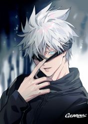 Rule 34 | 1boy, artist name, black blindfold, black jacket, blindfold, blindfold down, blue eyes, colored eyelashes, gearous, gojou satoru, high collar, highres, jacket, jujutsu kaisen, looking at viewer, male focus, one eye covered, open mouth, short hair, solo, upper body, white hair