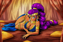 Rule 34 | 1girl, armlet, bikini, blue bikini, blue eyes, blue nails, braid, breasts, choker, cleavage, collarbone, commentary, curtains, dark-skinned female, dark skin, earrings, english commentary, jewelry, large breasts, linker, long braid, long hair, lying, nail polish, on side, pointy ears, purple hair, shantae, shantae (series), single braid, solo, swimsuit, thighlet, very long hair