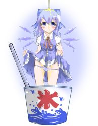 Rule 34 | 1girl, atsushi (pixiv), blue hair, cirno, dress, embodiment of scarlet devil, female focus, food, gradient background, guunome, panties, ribbon, shaved ice, short hair, solo, touhou, underwear, white background, wings