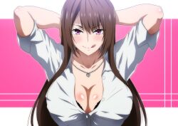 Rule 34 | 1girl, arms up, blush, breasts, brown hair, cleavage, collared shirt, dress shirt, gyaru, hara (harayutaka), heart, heart necklace, highres, jewelry, kogal, large breasts, long hair, looking at viewer, necklace, original, partially unbuttoned, purple eyes, school uniform, shirt, sleeves rolled up, solo, swept bangs, tongue, tongue out, upper body, white shirt