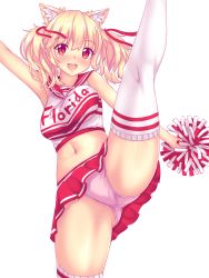 Rule 34 | 1girl, animal ear fluff, animal ears, blonde hair, breasts, cheerleader, highres, leg up, looking at viewer, miniskirt, naala, navel, no bra, nottytiffy, open mouth, original, panties, pantyshot, pink panties, pink ribbon, pom pom (cheerleading), red eyes, red ribbon, red skirt, ribbon, short hair, skirt, smile, solo, striped, thighhighs, twintails, underwear, upskirt, white thighhighs