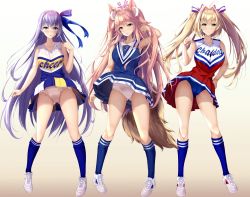 Rule 34 | 3girls, ahoge, alternate costume, animal ear fluff, animal ears, arm up, armpits, bare shoulders, blonde hair, blue dress, blue eyes, blue panties, blue ribbon, blue socks, blush, breasts, cheerleader, closed mouth, clothes writing, collarbone, commentary request, dress, fate/extra, fate/extra ccc, fate (series), fist pump, fox ears, fox girl, fox tail, fukuda shuushi, full body, gluteal fold, green eyes, hair between eyes, hair intakes, hair ribbon, hand in own hair, hand on own hip, highres, kneehighs, large breasts, long hair, looking at viewer, meltryllis (fate), multiple girls, nero claudius (fate), nero claudius (fate) (all), nero claudius (fate/extra), open mouth, panties, parted lips, pink hair, purple hair, red skirt, ribbon, shirt, shoes, simple background, skirt, sky, sleeveless, sleeveless shirt, small breasts, smile, sneakers, socks, tail, tamamo (fate), tamamo no mae (fate/extra), thighs, twintails, underwear, upskirt, very long hair, white background, white footwear, white panties, wind, wind lift, yellow eyes