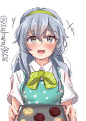 Rule 34 | 1girl, apron, bad id, bad twitter id, blue apron, bow, bowtie, commentary request, cookie, dress shirt, food, green bow, green bowtie, green hairband, grey eyes, hairband, highres, kantai collection, long hair, looking at viewer, one-hour drawing challenge, plaid, plaid bow, plaid bowtie, plaid neckwear, polka dot, polka dot apron, sakura ab, shirt, short sleeves, sidelocks, silver hair, simple background, smile, solo, tray, twitter username, upper body, wavy hair, white background, white shirt, yamagumo (kancolle)
