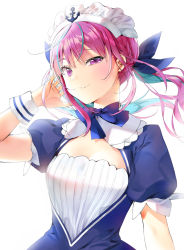 Rule 34 | 1girl, ahoge, blue hair, blush, bow, braid, breasts, cleavage, colored inner hair, commentary request, dress, hair ribbon, half-closed eye, hololive, ice (ice aptx), long hair, looking at viewer, maid headdress, medium breasts, minato aqua, minato aqua (1st costume), multicolored hair, puffy short sleeves, puffy sleeves, purple eyes, purple hair, ribbon, short sleeves, simple background, smile, solo, twintails, two-tone hair, virtual youtuber, white background