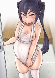 Rule 34 | 1girl, apron, aqua eyes, areola slip, blush, breasts, cleavage, clothes pull, doorway, embarrassed, female focus, frilled apron, frills, genshin impact, green eyes, hair between eyes, hair ornament, highres, long hair, looking at viewer, medium breasts, mona (genshin impact), naked apron, no bra, pregnant, purple hair, solo, sweat, sweatdrop, thighhighs, toonnik, twintails, white apron