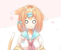 Rule 34 | 1girl, amamiya mei, animal ears, blonde hair, bow, bowtie, breasts, cat ears, cat tail, cherry blossoms, collar, double v, extra ears, flower, fox ears, fox tail, hair flower, hair ornament, hairclip, heart, loafers, long hair, long sleeves, looking at viewer, low twintails, medium breasts, one eye closed, open mouth, original, outstretched arm, p19, shirt, shoes, simple background, skirt, solo, sweater, tail, thighhighs, twintails, upper body, v, virtual youtuber, white background, zettai ryouiki