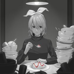 Rule 34 | 1girl, bandaid, bandaid on neck, bow, bowl, bowl stack, chopsticks, cup, food, greyscale, hair bow, highres, holding, holding spoon, kagamine rin, lamp, looking at viewer, monochrome, omelet, omurice, parted lips, plate, sitting, solo, spoon, spot color, turtleneck, upper body, vocaloid, wounds404