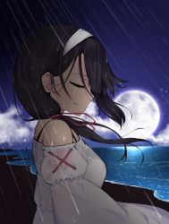 Rule 34 | 1girl, bad id, bad pixiv id, bare shoulders, black hair, breasts, closed eyes, cloud, cloudy sky, crying, dress, from side, full moon, hair over shoulder, hairband, highres, horizon, lavie, long hair, long sleeves, medium breasts, moon, night, night sky, ocean, original, outdoors, rain, red ribbon, ribbon, sky, solo, star (sky), starry sky, streaming tears, tears, upper body, water, wet, wet clothes, white dress, white hairband, wind
