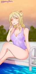 Rule 34 | 1girl, :p, artist name, artist request, bare legs, bare shoulders, blonde hair, blush, braid, breasts, brown eyes, cloud, collarbone, crown braid, female focus, galaxyplums, hair rings, highres, looking at viewer, love live!, love live! sunshine!!, medium breasts, ocean, ohara mari, one-piece swimsuit, one eye closed, orange sky, outdoors, parted lips, pool, purple one-piece swimsuit, short hair, sitting, sky, smile, solo, sunset, swimsuit, tongue, tongue out, yellow eyes
