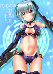 Rule 34 | 1girl, absurdres, armor, bikini, bikini armor, black thighhighs, blue gloves, blue hair, blush, breasts, cleavage cutout, clothing cutout, derivative work, elbow gloves, frame arms girl, gloves, gluteal fold, highres, hresvelgr, looking at viewer, mecha musume, medium breasts, navel, oooqqq, purple eyes, shiny skin, short hair, solo, swimsuit, sword, thank you, thighhighs, thighs, weapon