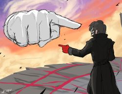 Rule 34 | 10s, 1boy, absurdres, amamiya ren, black hair, coat, commentary, final destination (smash bros), gloves, highres, kloudraws, marvel, mask, master hand, meme, nintendo, persona, persona 5, pointing, pointing at another, pointing spider-man (meme), red gloves, spider-man (series), super smash bros., trench coat, voice actor connection, xander mobus