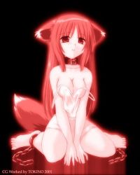 Rule 34 | animal ears, ankle chain, barefoot, breasts, collar, feet, fox ears, fox tail, long hair, red eyes, red hair, sitting, tail