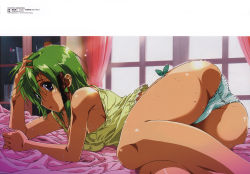 Rule 34 | 1girl, :d, arm support, armpits, ass, bare shoulders, bed, bed sheet, blue eyes, blue panties, blush, bookshelf, breast press, breasts, camisole, curtains, foreshortening, green hair, hair between eyes, hair ribbon, hand on own head, highres, hosoda naoto, huge ass, indoors, large breasts, legs, long hair, looking at viewer, looking back, lying, megami magazine, no bra, no pants, on side, open mouth, panties, profile, ribbon, scan, sheet grab, shigure asa, short hair, shuffle!, shuffle! memories, side-tie panties, sideboob, sidelocks, skindentation, smile, solo, strap slip, sweat, thick thighs, thighs, tress ribbon, unaligned breasts, underwear, wet, wet clothes, window
