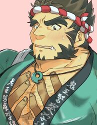 Rule 34 | 2boys, artist request, bad id, bad twitter id, bara, blush, chest hair, forked eyebrows, grabbing, grabbing from behind, groping, hachimaki, hairy, hand under clothes, happi, headband, japanese clothes, jewelry, large pectorals, long sideburns, magatama, magatama necklace, male focus, mature male, multiple boys, muscular, muscular male, necklace, nejiri hachimaki, pectoral grab, pectorals, short hair, sideburns, solo focus, sweat, tajikarao (housamo), tokyo houkago summoners, tusks, yaoi