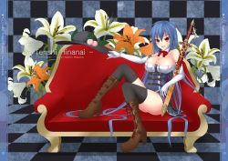 Rule 34 | 1girl, alternate costume, bare shoulders, black thighhighs, blue hair, boots, breasts, character name, copyright name, flower, gmot, hat, hat ribbon, hinanawi tenshi, image sample, long hair, pixiv sample, red eyes, ribbon, scarlet weather rhapsody, sheath, sheathed, sitting, solo, sword, thighhighs, third eye, touhou, very long hair, weapon