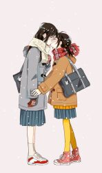 2girls bag_charm black_hair blue_bag blue_skirt blush brown_coat brown_eyes brown_mittens buttons charm_(object) coat commentary duffel_coat facing_another fringe_trim from_side full_body glasses grey_coat high_tops highres kiss long_hair long_sleeves looking_at_another mittens multiple_girls original pink_footwear plaid_clothes plaid_scarf pleated_skirt pocket red_footwear red_scarf sakurada_reiko scarf shoelaces shoes simple_background skirt sneakers standing star_(symbol) sweater thighhighs two-tone_footwear white_background white_footwear yellow_sweater yellow_thighhighs yuri