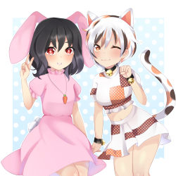 Rule 34 | 2girls, animal ears, artist request, bell, black hair, calico, carrot necklace, cat, cat ears, cat girl, cat tail, crop top, dress, floppy ears, gesture, goutokuji mike, highres, inaba tewi, jewelry, jingle bell, maneki-neko, medium skirt, midriff, multicolored clothes, multicolored hair, multicolored shirt, multicolored skirt, multicolored tail, multiple girls, navel, neck bell, necklace, orange eyes, patch, patchwork clothes, paw pose, pendant, pink dress, puffy short sleeves, puffy sleeves, rabbit, rabbit ears, rabbit tail, red eyes, short hair, short sleeves, skirt, streaked hair, tail, touhou, white hair