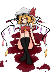 Rule 34 | 1girl, arm support, ascot, black socks, blonde hair, blood, blood on face, blood on ground, blush, breasts, closed mouth, collared shirt, convenient censoring, flandre scarlet, full body, hat, highres, ikusu (ikustasy), kneehighs, looking at viewer, medium hair, mob cap, no pants, no shoes, orange ascot, rainbow order, red eyes, red ribbon, red vest, ribbon, shirt, short sleeves, sitting, small breasts, smile, socks, solo, touhou, vest, white background, white hat, white shirt, wings