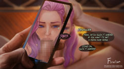 Rule 34 | 1boy, 1girl, artist name, blurry, blurry background, blush, censored, english text, fellatio, firolian, half-closed eyes, hetero, highres, holding, holding phone, league of legends, long hair, mosaic censoring, oral, penis, phone, pink eyes, pink hair, recording, seraphine (league of legends), speech bubble, watermark, web address