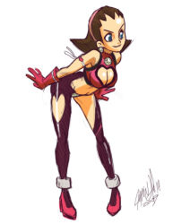 Rule 34 | 00s, 1girl, 2009, armlet, bare shoulders, bent over, breasts, brown hair, cleavage, clothing cutout, cosplay, crop top, crotch plate, cutie honey, cutie honey (character), cutie honey (character) (cosplay), cutie honey (cosplay), earrings, gloves, green eyes, hair slicked back, hairband, heart, heart cutout, high heels, jewelry, large breasts, magical girl, mega man (series), mega man legends (series), midriff, pigeon-toed, pink hairband, short hair, signature, solo, tron bonne (mega man), tyson hesse