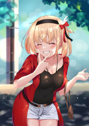 Rule 34 | 1girl, absurdres, bag, belt, black hairband, black shirt, blonde hair, blush, bow, breasts, cleavage, closed eyes, grin, hair bow, hairband, handbag, highres, jacket, leaning forward, lycoris recoil, medium breasts, nishikigi chisato, outdoors, red bow, red jacket, shirt, short hair, short shorts, shorts, smile, solo, sty, v over mouth, white shorts