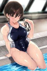 Rule 34 | 1girl, bare legs, black one-piece swimsuit, blurry, blurry background, breasts, brown eyes, brown hair, collarbone, commentary, competition swimsuit, female focus, goggles, groin, highres, holding, holding goggles, indoors, lens flare, medium breasts, mole, mole under eye, one-piece swimsuit, original, parted lips, pool, poolside, short hair, sitting, solo, swimsuit, thighs, two-tone swimsuit, wet, white one-piece swimsuit, window, yamakonbu