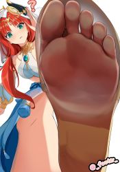 Rule 34 | 1girl, absurdres, barefoot, blue eyes, feet, foot focus, footer@unyaaan, genshin impact, highres, long hair, looking at viewer, nilou (genshin impact), parted lips, red hair, soles, toes, x-ray