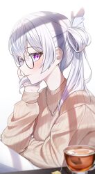 Rule 34 | 1girl, absurdres, arch a4, black-framed eyewear, blurry, blurry foreground, blush, brown sweater, closed mouth, cup, glasses, head rest, highres, ine (vtuber), jewelry, long hair, long sleeves, looking at viewer, looking to the side, necklace, ponytail, purple eyes, ribbed sweater, round eyewear, simple background, smile, solo, sweater, tea, teabag, virtual youtuber, waktaverse, white background, white hair