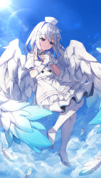 Rule 34 | 1girl, absurdres, amane kanata, amane kanata (nurse), apron, bandaged arm, bandages, blue hair, blue sky, blue wings, closed mouth, cloud, commentary request, day, dress, feathers, frilled apron, frills, full body, gloves, grey footwear, grey hair, hat, highres, hololive, long hair, looking away, masaki (msk064), multicolored hair, nurse, nurse cap, outdoors, own hands together, pantyhose, puffy short sleeves, puffy sleeves, purple eyes, shoes, short sleeves, single hair intake, sky, smile, solo, sun, two-tone hair, virtual youtuber, white apron, white dress, white feathers, white gloves, white hat, white pantyhose, white wings, wings