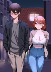 Rule 34 | 1boy, 1girl, beige jacket, black hair, black jacket, blue pants, blush, breasts, brown eyes, city, cleavage, daeun (sextudy group), embarrassed, glasses, green eyes, grey shirt, jacket, large breasts, lee hyun-hoo, looking at another, looking to the side, night, night sky, open clothes, open jacket, pants, pink hair, sextudy group, shirt, sky, smile, white pants, white shirt