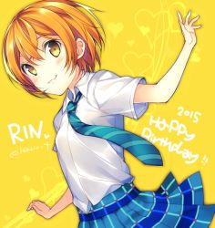 Rule 34 | 10s, 1girl, :3, bad id, bad twitter id, character name, collared shirt, happy birthday, hario 4, heart, hoshizora rin, looking at viewer, love live!, love live! school idol project, necktie, orange hair, plaid, plaid skirt, school uniform, shirt, short hair, short sleeves, skirt, smile, solo, striped necktie, striped neckwear, twitter username, white shirt, yellow background, yellow eyes
