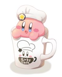 Rule 34 | bad id, bad pixiv id, blue eyes, blush, blush stickers, chef hat, cup, hat, highres, kirby, kirby (series), mug, nintendo, no humans, radioz, simple background, solo, white background