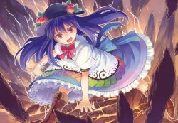 Rule 34 | 1girl, blue hair, boots, bow, broken ground, colored eyelashes, cross-laced footwear, female focus, food, fruit, hat, hinanawi tenshi, kanini, long hair, open mouth, outstretched arm, peach, red eyes, shirt, skirt, solo, touhou