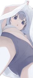 Rule 34 | 1girl, :o, blue eyes, blue shorts, bra, breasts, clothes lift, dress, dress lift, from below, highres, hiroki (yyqw7151), lifting own clothes, looking at viewer, looking down, navel, original, panties, parted lips, shorts, simple background, small breasts, solo, stomach, underwear, upshirt, white background, white bra, white dress
