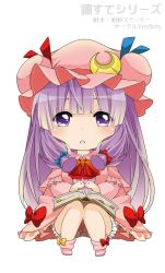 Rule 34 | 1girl, bad id, bad pixiv id, berry jou, book, capelet, chibi, dress, hair ribbon, long hair, looking at viewer, open mouth, patchouli knowledge, pink dress, purple eyes, purple hair, ribbon, simple background, sitting, solo, touhou, tress ribbon, very long hair, white background