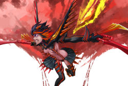 Rule 34 | 10s, 1girl, absurdres, teeth, black hair, blue eyes, boots, breasts, claw (weapon), crusader kevin, dual wielding, highres, holding, kill la kill, matoi ryuuko, multicolored hair, red hair, revealing clothes, scissor blade (kill la kill), senketsu, serious, short hair, showgirl skirt, solo, spikes, suspenders, thigh boots, thighhighs, two-tone hair, underboob, weapon