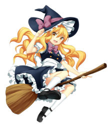 Rule 34 | 1girl, blonde hair, broom, broom riding, dress, female focus, full body, hat, highres, jenevan, kirisame marisa, long hair, mary janes, shoes, simple background, solo, touhou, white background, witch hat, yellow eyes