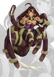 Rule 34 | 1girl, :3, absurdres, arachne, arms up, arthropod girl, arthropod limbs, black fur, brown hair, carapace, closed mouth, covered erect nipples, dark-skinned female, dark skin, full body, highres, insect girl, long hair, looking at viewer, monster girl, original, purple eyes, purple nails, shitoi (aqua1487), silk, solo, spider girl, spider web, taur, tongue, tongue out, yellow fur