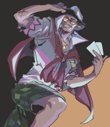 Rule 34 | 1boy, absurdres, ace attorney, beard, black hair, facial hair, glasses, green shorts, grin, hat, highres, holding, jewelry, looking at viewer, male focus, mustache, necklace, open mouth, phoenix wright: ace attorney - spirit of justice, roger retinz, shirt, short hair, shorts, smile, solo, standing, udohepu, white hat