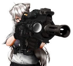 Rule 34 | 1girl, absurdres, ahoge, aiming, animal ears, assault rifle, buttons, denim, dog tags, ear piercing, eotech, foregrip, gloves, grey eyes, grey hair, grey shirt, gun, h&amp;k hk416, hair between eyes, highres, holding, holding weapon, hololive, jeans, lion ears, lion girl, pants, piercing, rifle, shirt, shishiro botan, shishiro botan (button-down), sleeves rolled up, solo, tomii (tomii comet), transparent background, unbuttoned, unbuttoned shirt, unbuttoned sleeves, upper body, virtual youtuber, weapon, white shirt