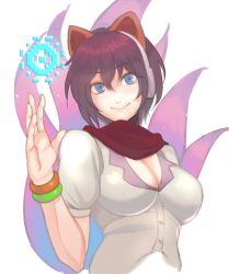 Rule 34 | 1girl, ahri (league of legends), alternate costume, animal ears, arcade ahri, blue eyes, bracelet, breasts, cleavage, fox ears, fox tail, headphones, highres, jewelry, large breasts, league of legends, mole, mole under eye, multiple tails, nail polish, purple hair, red scarf, scarf, short hair, solo, tail, wel